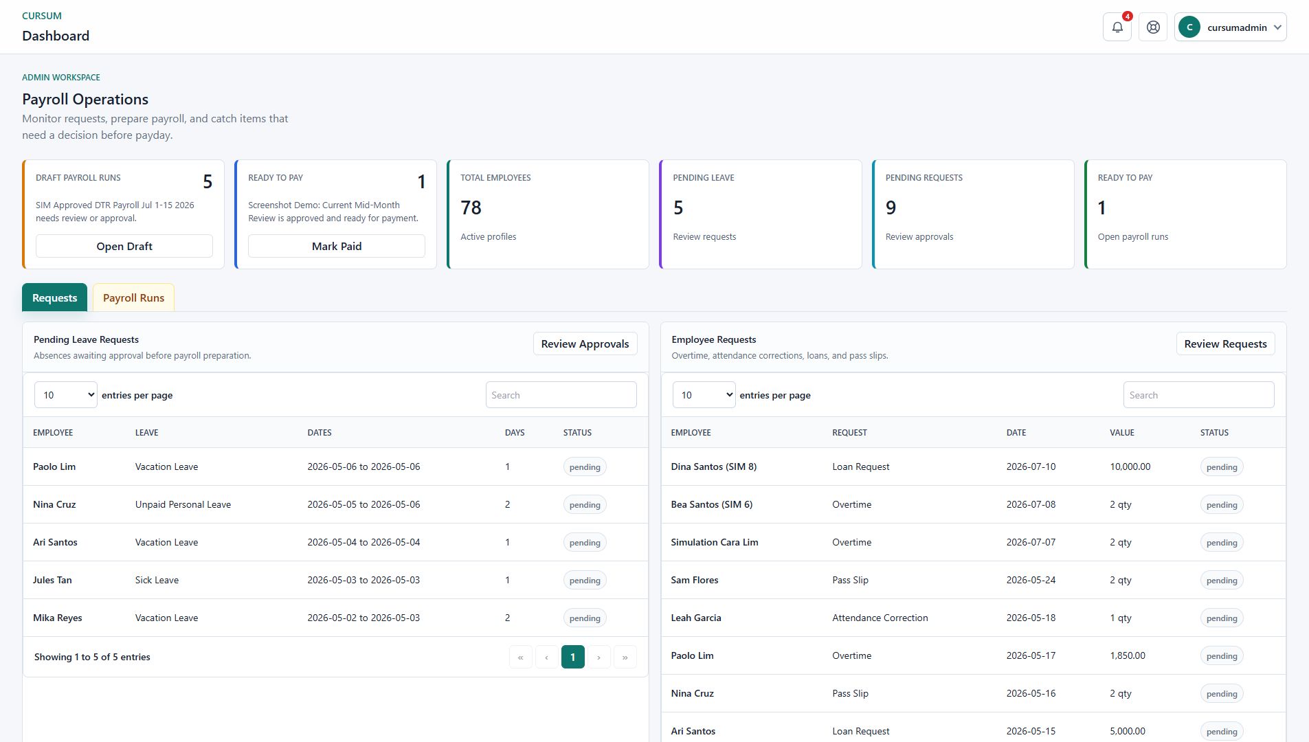 Current payroll dashboard preview with requests and payroll run overview
